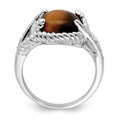Sterling Silver Rhodium Plated Tigers Eye Quartz And Diamond Ring