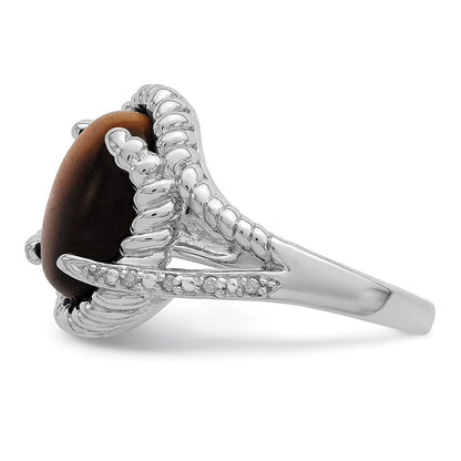 Sterling Silver Rhodium Plated Tigers Eye Quartz And Diamond Ring