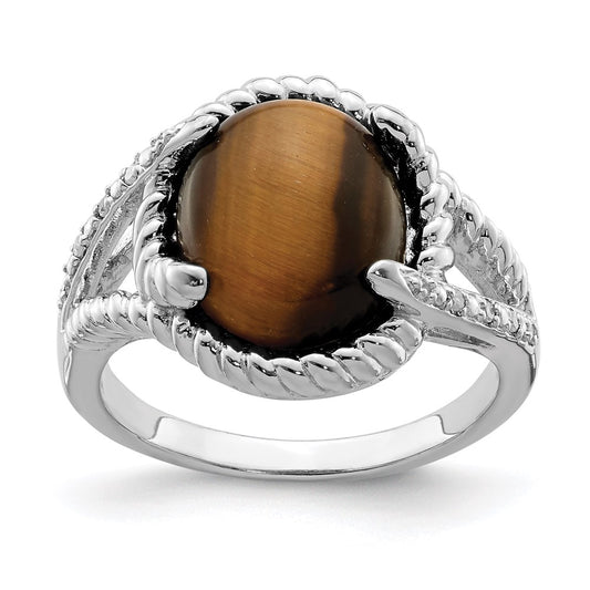 Sterling Silver Rhodium Plated Tigers Eye Quartz And Diamond Ring