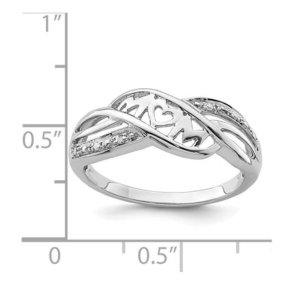 Sterling Silver Rhodium Plated Diamond Heart Mom Ring