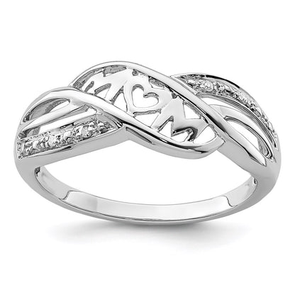 Sterling Silver Rhodium Plated Diamond Heart Mom Ring