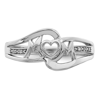 Sterling Silver Rhodium Plated Diamond Heart Mom Ring