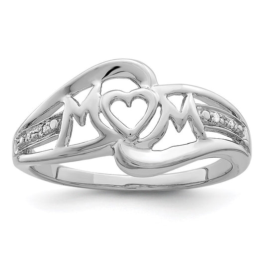 Sterling Silver Rhodium Plated Diamond Heart Mom Ring