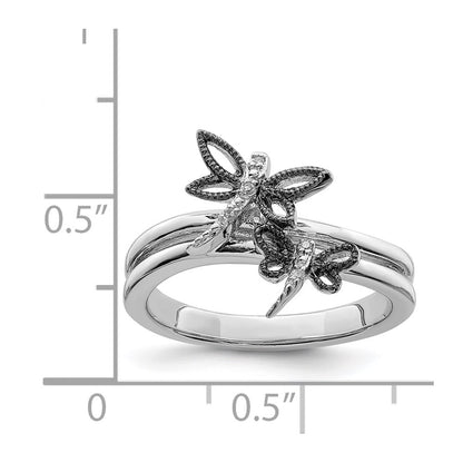 Sterling Silver Diamond Rhodium Plated Dragonfly Ring
