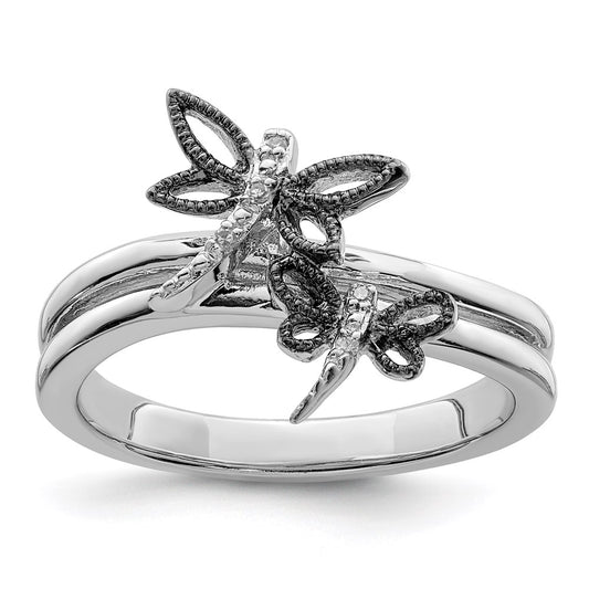 Sterling Silver Diamond Rhodium Plated Dragonfly Ring