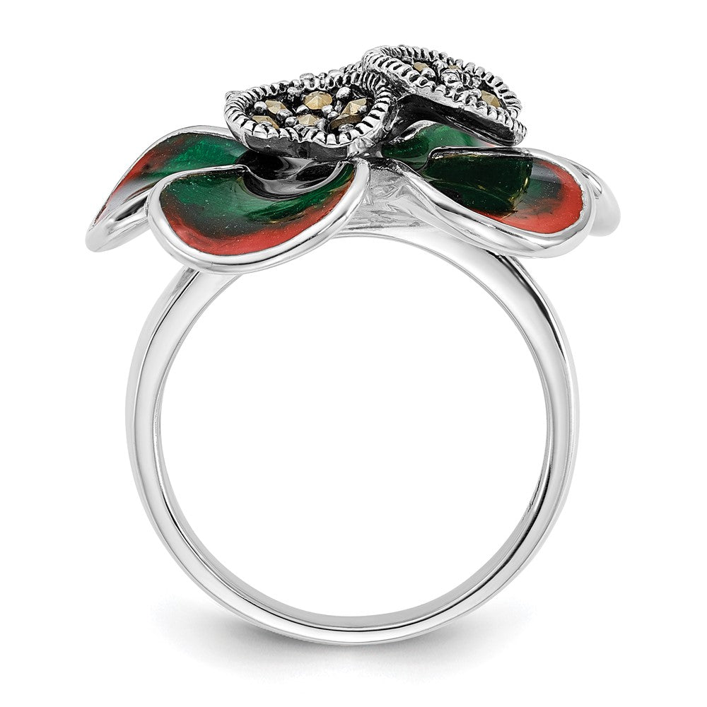 Sterling Silver Polished & Antiqued Marcasite Enamel Flower Ring