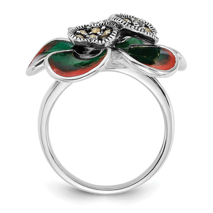 Sterling Silver Polished & Antiqued Marcasite Enamel Flower Ring