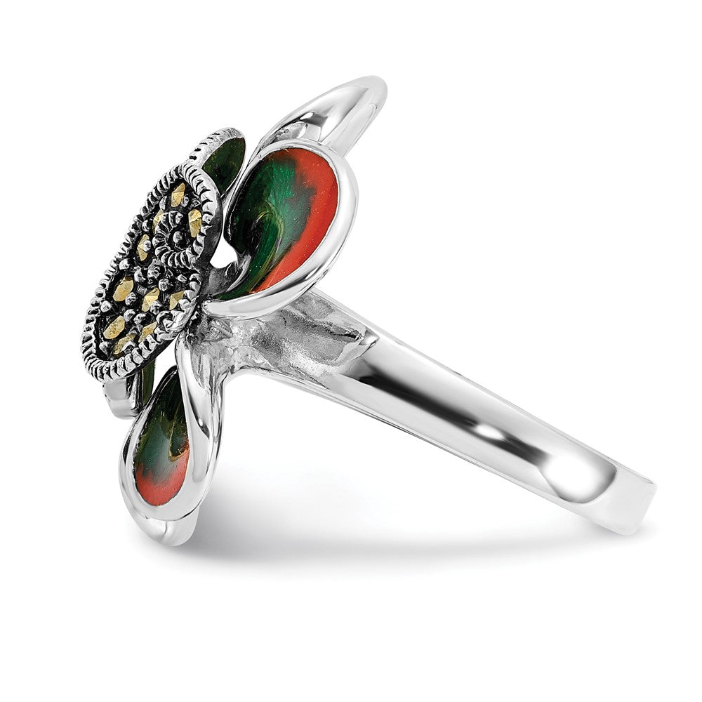 Sterling Silver Polished & Antiqued Marcasite Enamel Flower Ring