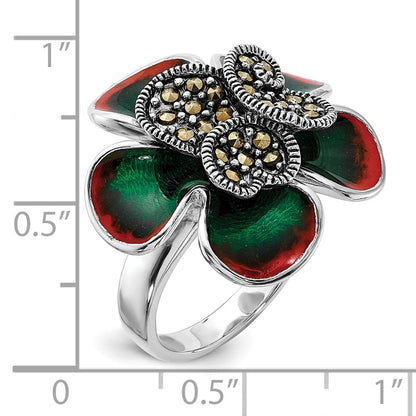 Sterling Silver Polished & Antiqued Marcasite Enamel Flower Ring