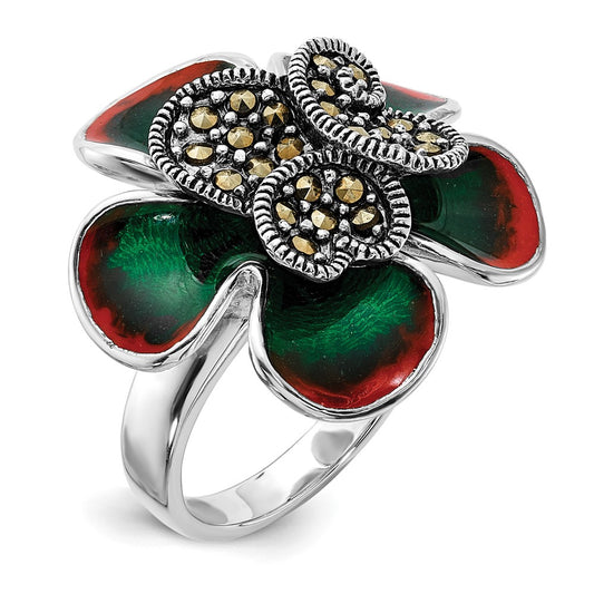 Sterling Silver Polished & Antiqued Marcasite Enamel Flower Ring