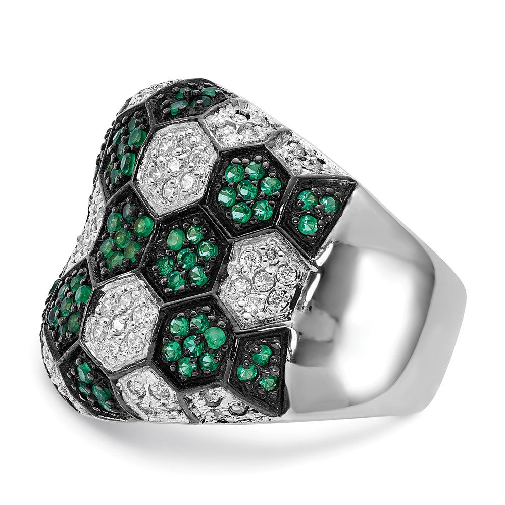 Sterling Silver W/ Black Rhodium Green Glass & Cz Honeycomb Ring