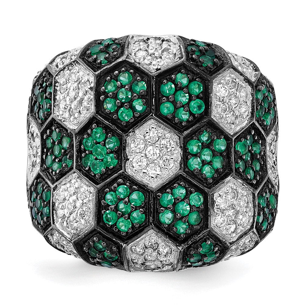 Sterling Silver W/ Black Rhodium Green Glass & Cz Honeycomb Ring