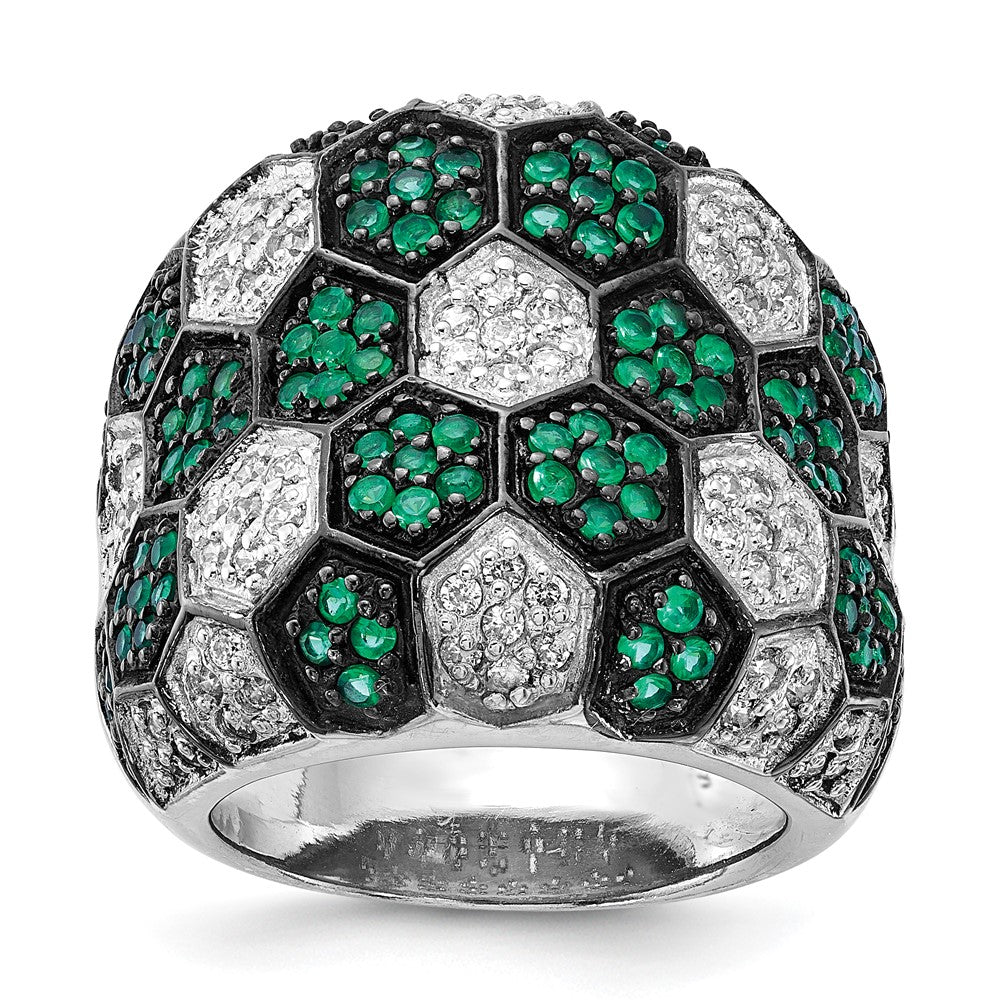 Sterling Silver W/ Black Rhodium Green Glass & Cz Honeycomb Ring