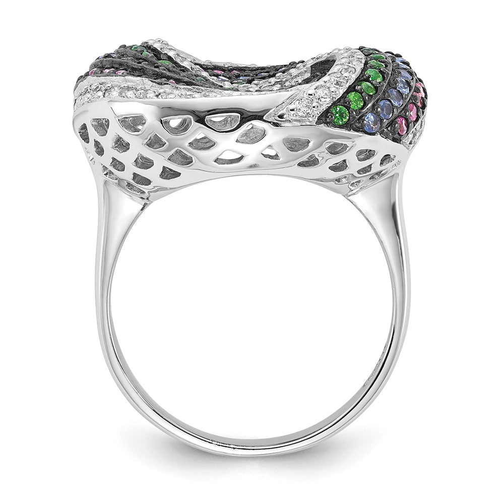 Sterling Silver Black Rhodium Blue/Green Glass Synth. Ruby & Cz Ring