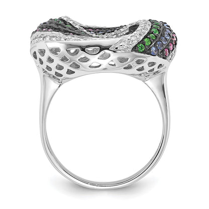 Sterling Silver Black Rhodium Blue/Green Glass Synth. Ruby & Cz Ring