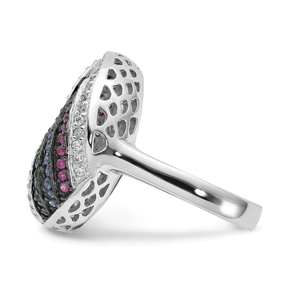 Sterling Silver Black Rhodium Blue/Green Glass Synth. Ruby & Cz Ring