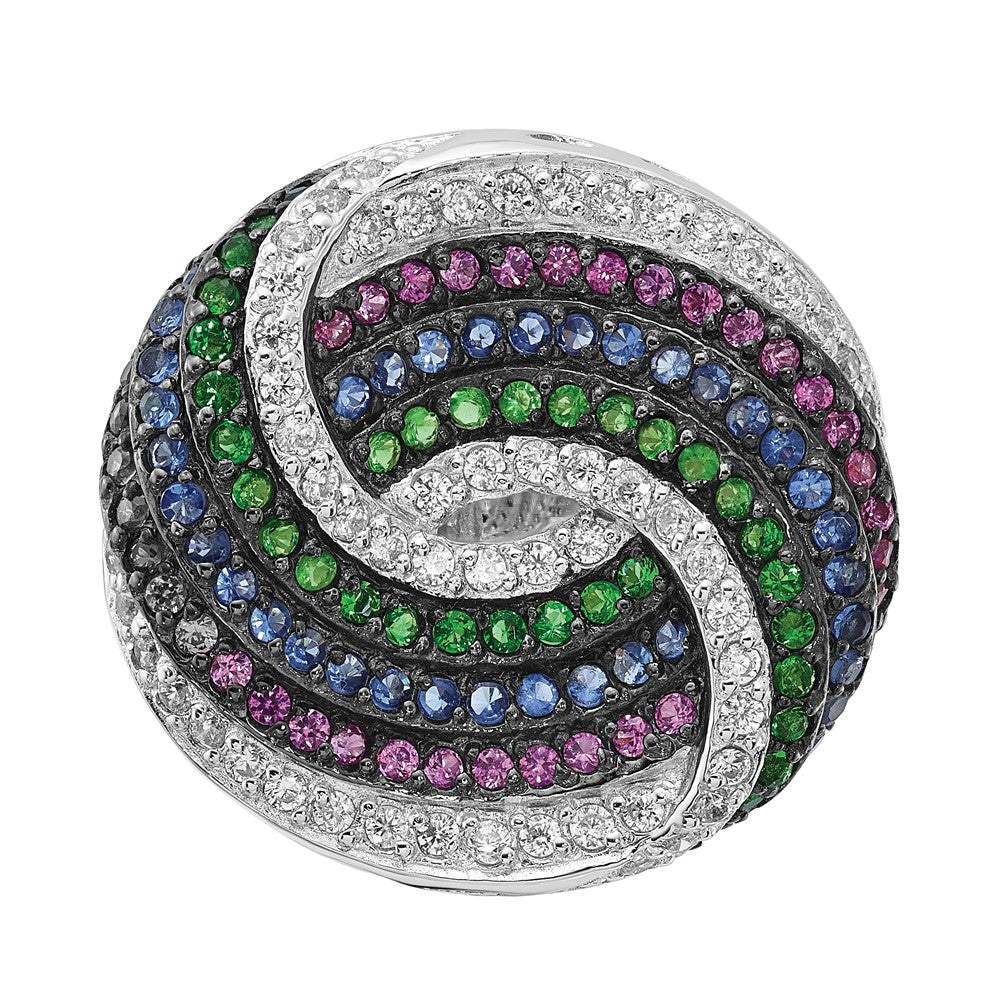 Sterling Silver Black Rhodium Blue/Green Glass Synth. Ruby & Cz Ring