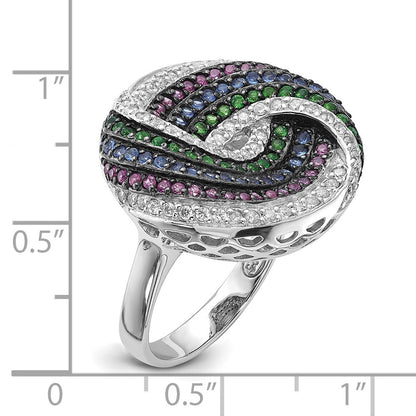 Sterling Silver Black Rhodium Blue/Green Glass Synth. Ruby & Cz Ring