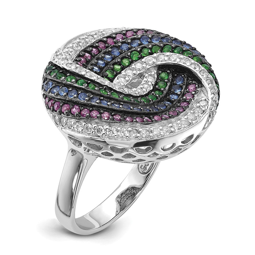 Sterling Silver Black Rhodium Blue/Green Glass Synth. Ruby & Cz Ring