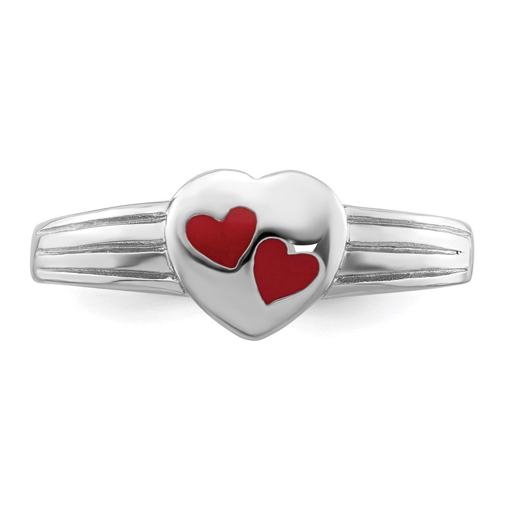 Sterling Silver Rh Plated Polished & Red Enameled Heart Children'S Ring