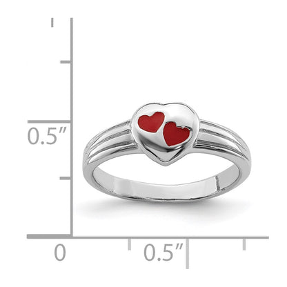 Sterling Silver Rh Plated Polished & Red Enameled Heart Children'S Ring