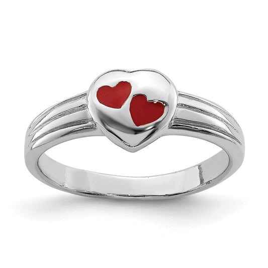 Sterling Silver Rh Plated Polished & Red Enameled Heart Children'S Ring