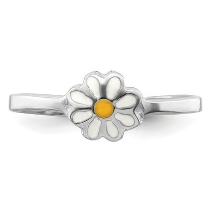 Sterling Silver Rh Plated White & Yellow Enameled Daisy Children'S Ring
