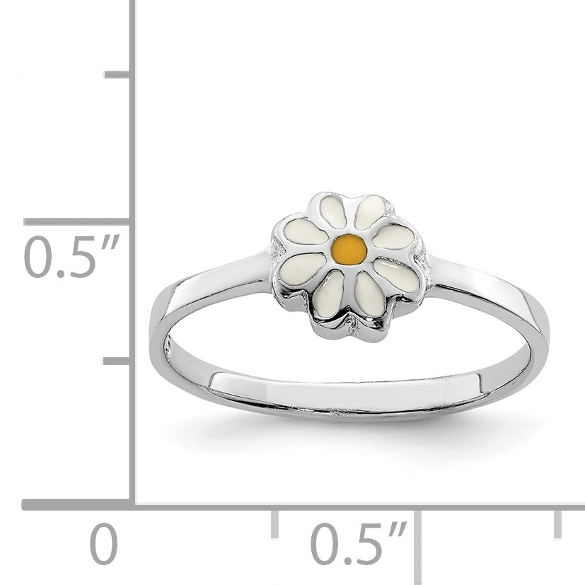 Sterling Silver Rh Plated White & Yellow Enameled Daisy Children'S Ring
