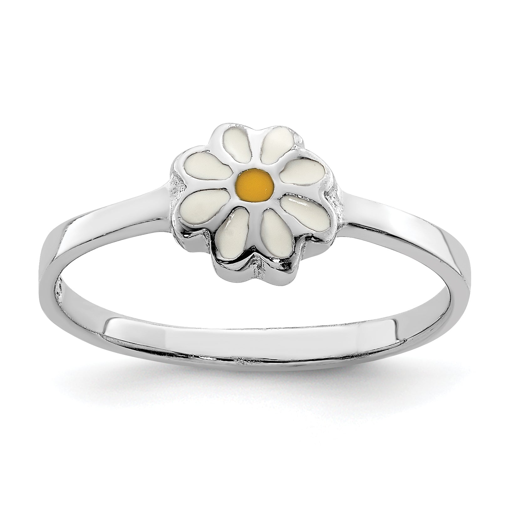Sterling Silver Rh Plated White & Yellow Enameled Daisy Children'S Ring