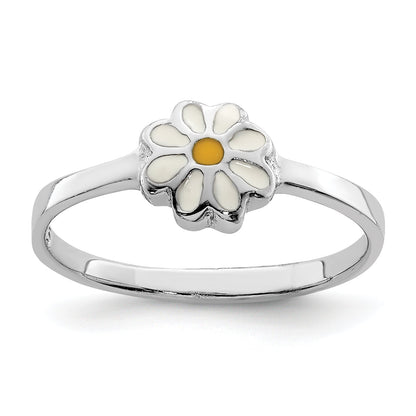 Sterling Silver Rh Plated White & Yellow Enameled Daisy Children'S Ring