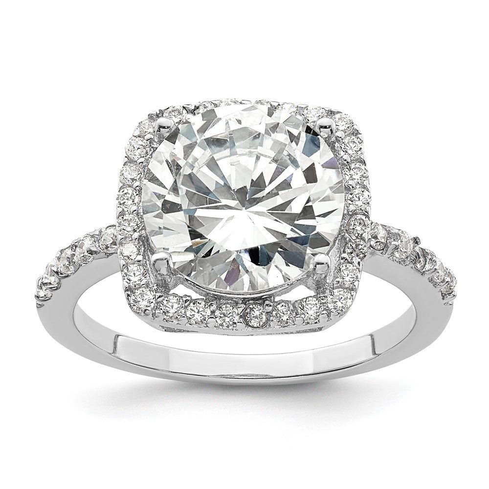 Sterling Silver Rhodium Plated Polished Cz Square Halo Ring
