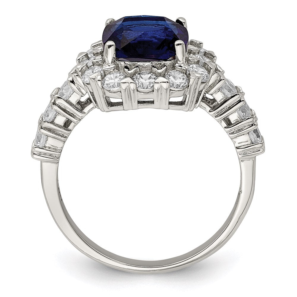 Sterling Silver Rhodium Plated Polished Blue Glass And Cz Ring