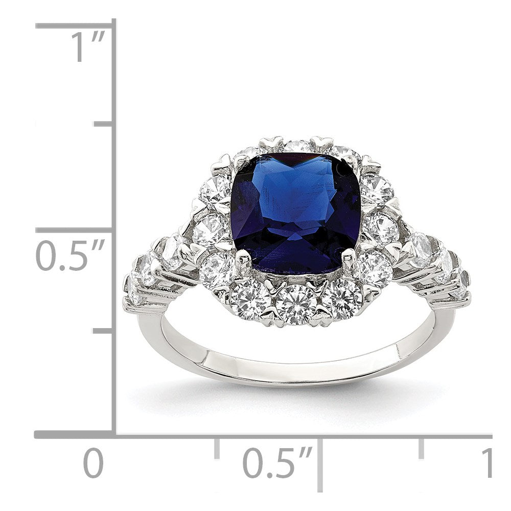 Sterling Silver Rhodium Plated Polished Blue Glass And Cz Ring