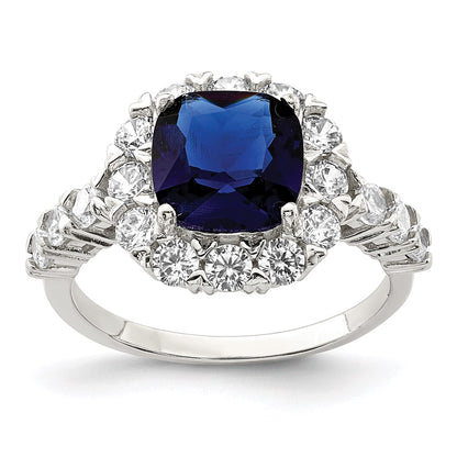Sterling Silver Rhodium Plated Polished Blue Glass And Cz Ring