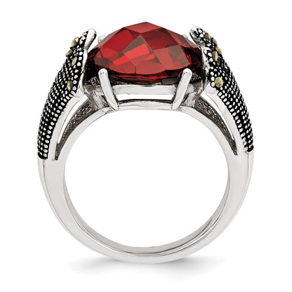 Sterling Silver Red Cz And Marcasite Ring