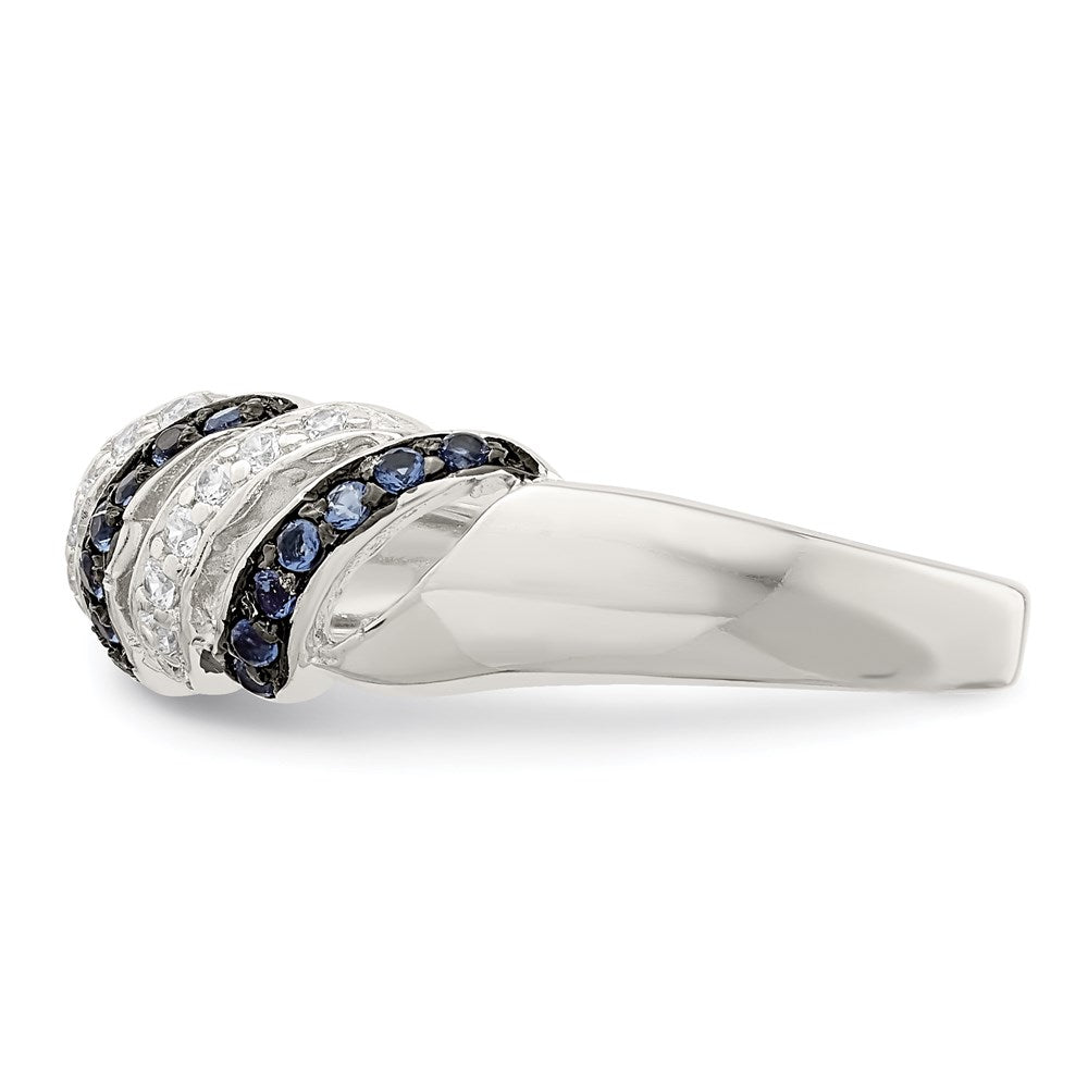 Sterling Silver Rhodium Plated Polished Cz & Blue Glass Stone Ring