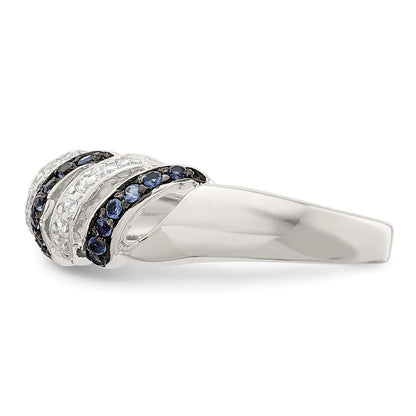 Sterling Silver Rhodium Plated Polished Cz & Blue Glass Stone Ring