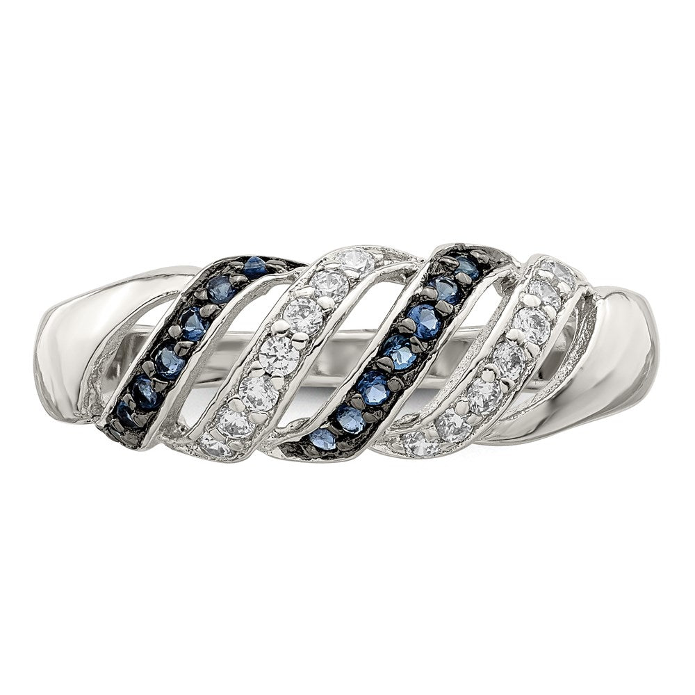 Sterling Silver Rhodium Plated Polished Cz & Blue Glass Stone Ring