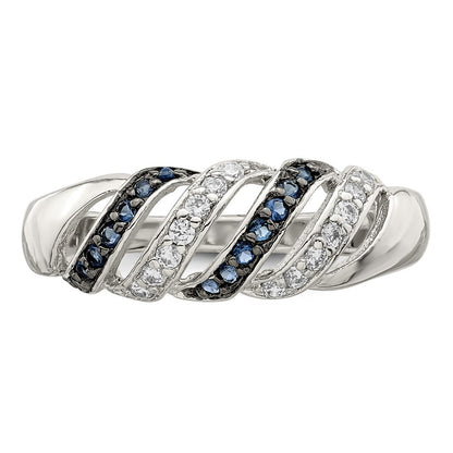 Sterling Silver Rhodium Plated Polished Cz & Blue Glass Stone Ring
