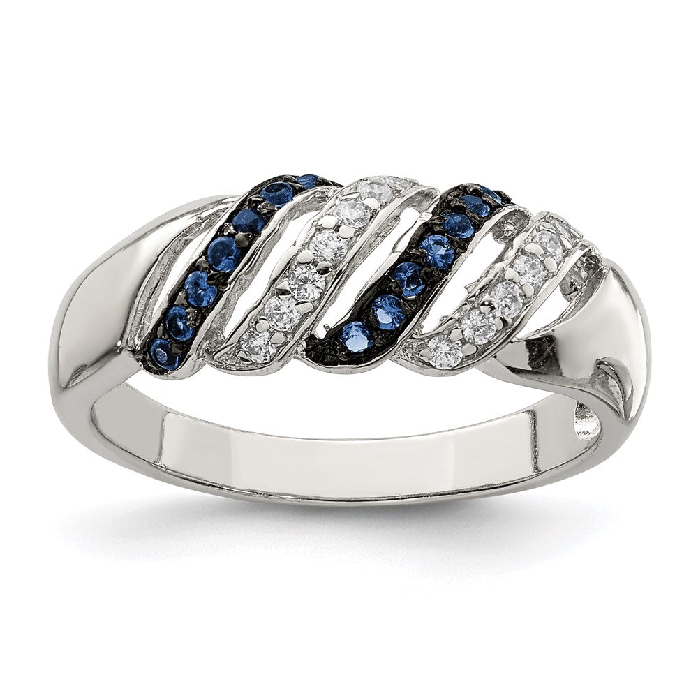 Sterling Silver Rhodium Plated Polished Cz & Blue Glass Stone Ring
