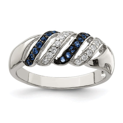 Sterling Silver Rhodium Plated Polished Cz & Blue Glass Stone Ring