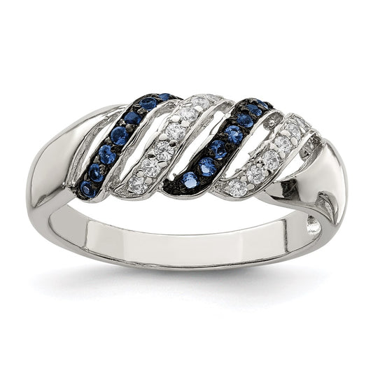 Sterling Silver Rhodium Plated Polished Cz & Blue Glass Stone Ring