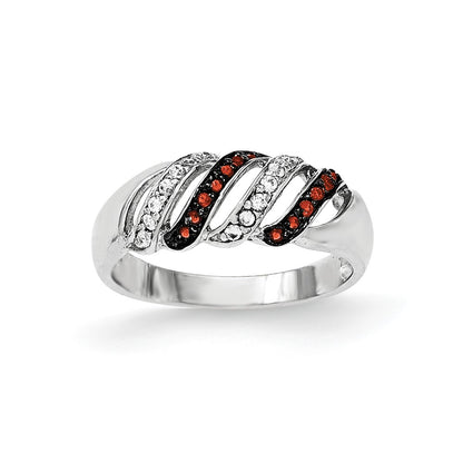Sterling Silver Polished Cz & Red Glass Stone Ring