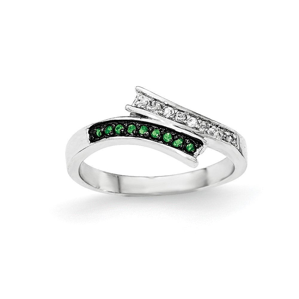 Sterling Silver Polished Cz & Green Glass Stone Ring
