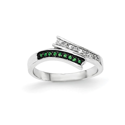 Sterling Silver Polished Cz & Green Glass Stone Ring