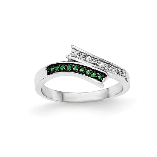Sterling Silver Polished Cz & Green Glass Stone Ring