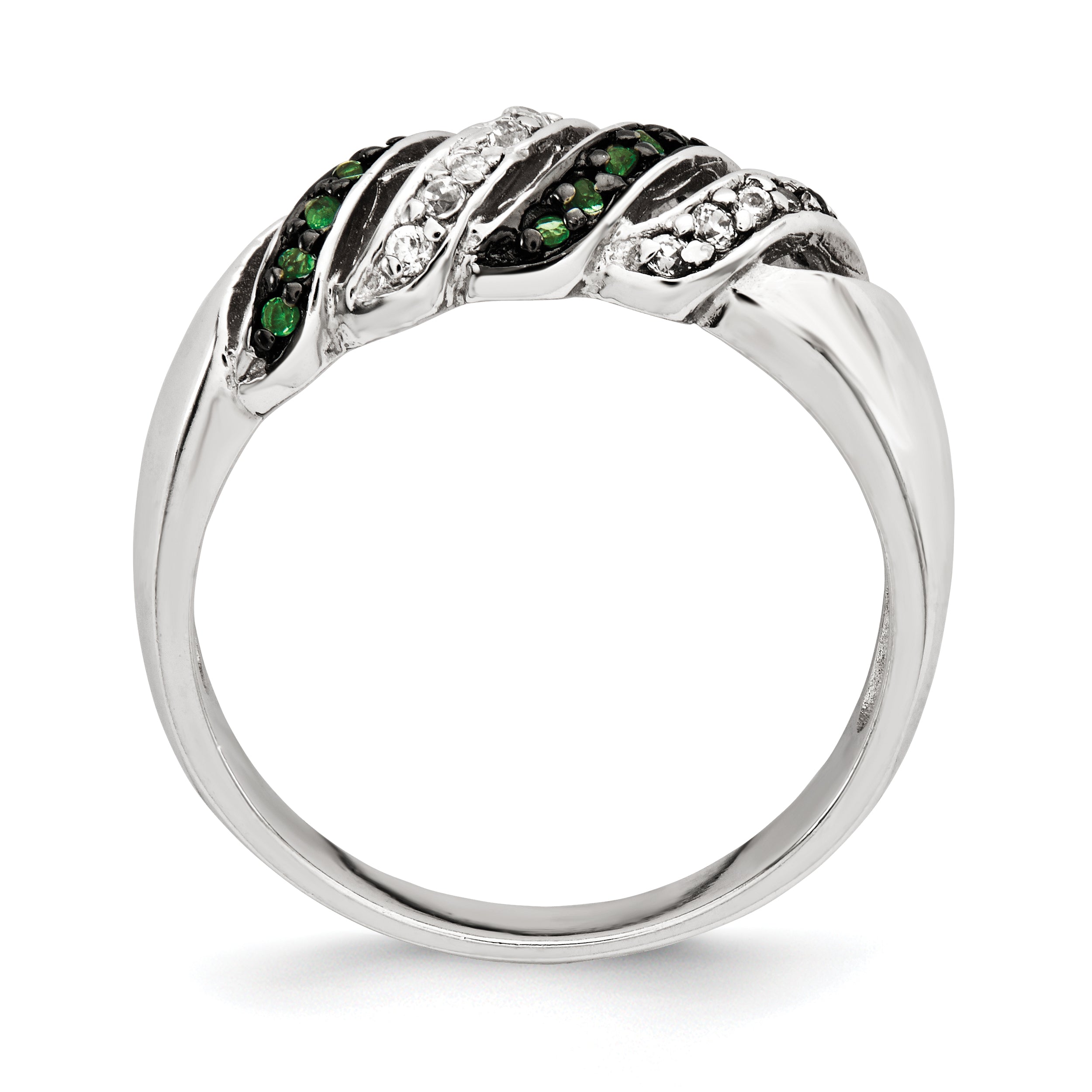 Sterling Silver Polished Cz & Green Glass Stone Ring (Size 7 Only)
