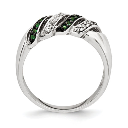 Sterling Silver Polished Cz & Green Glass Stone Ring (Size 7 Only)