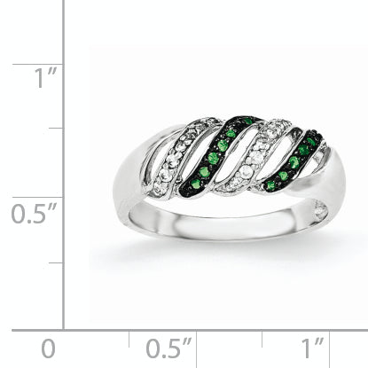 Sterling Silver Polished Cz & Green Glass Stone Ring (Size 7 Only)