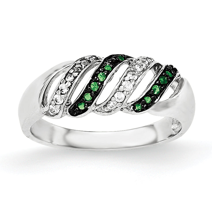 Sterling Silver Polished Cz & Green Glass Stone Ring (Size 7 Only)